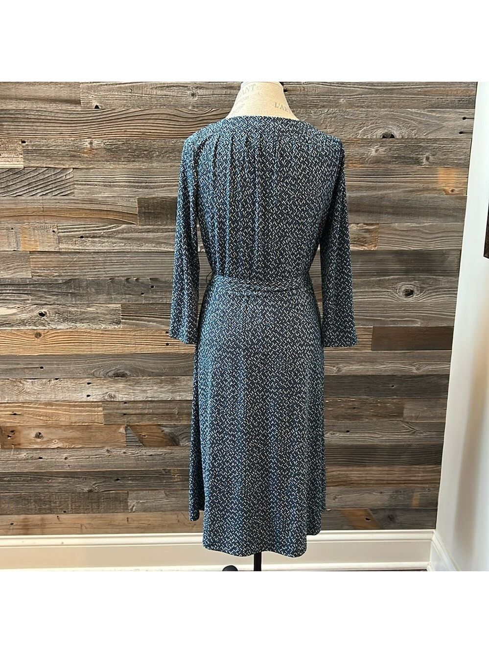 Lands End Blue Patterned Midi Tie Waist 3/4 Length Sleeve Dress Size XS 2-4 - Picture 5 of 9